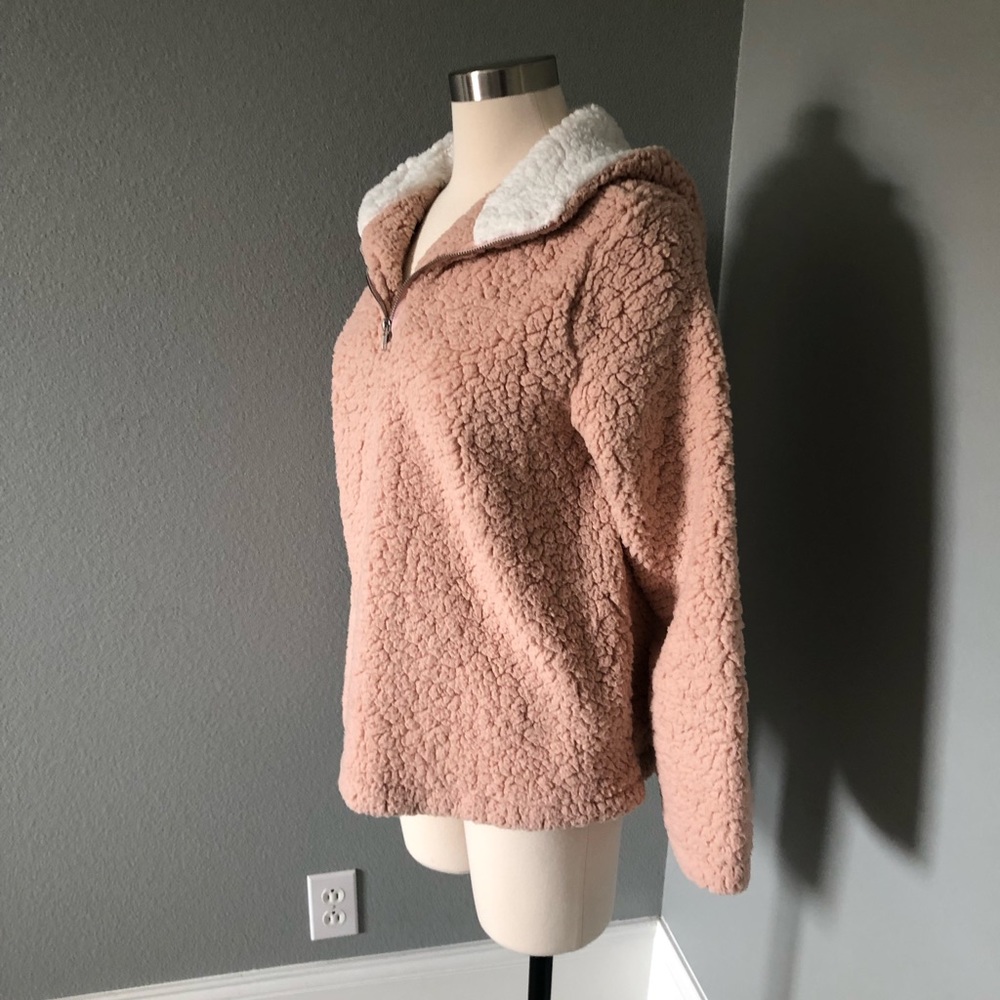 Coeur de Vague Blush Fluffy Quarter-Zip Plush Hoodie Fleece Sweatshirts - Picture 9 of 16